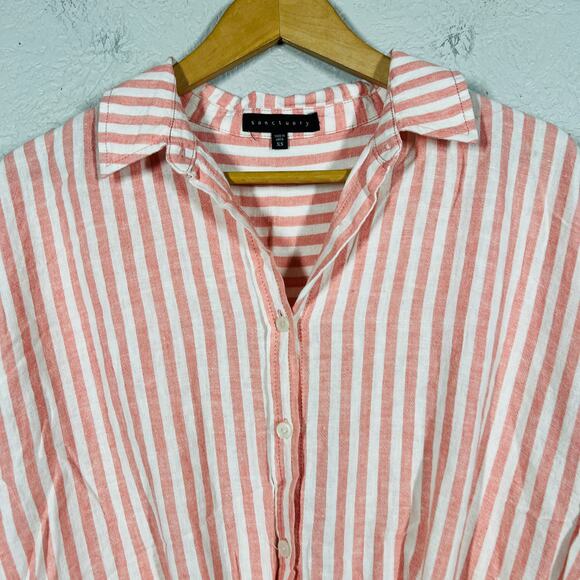 Sanctuary Tie Waist Stripe Top Blouse Casual Button Down Pink White - XS - Picture 2 of 5